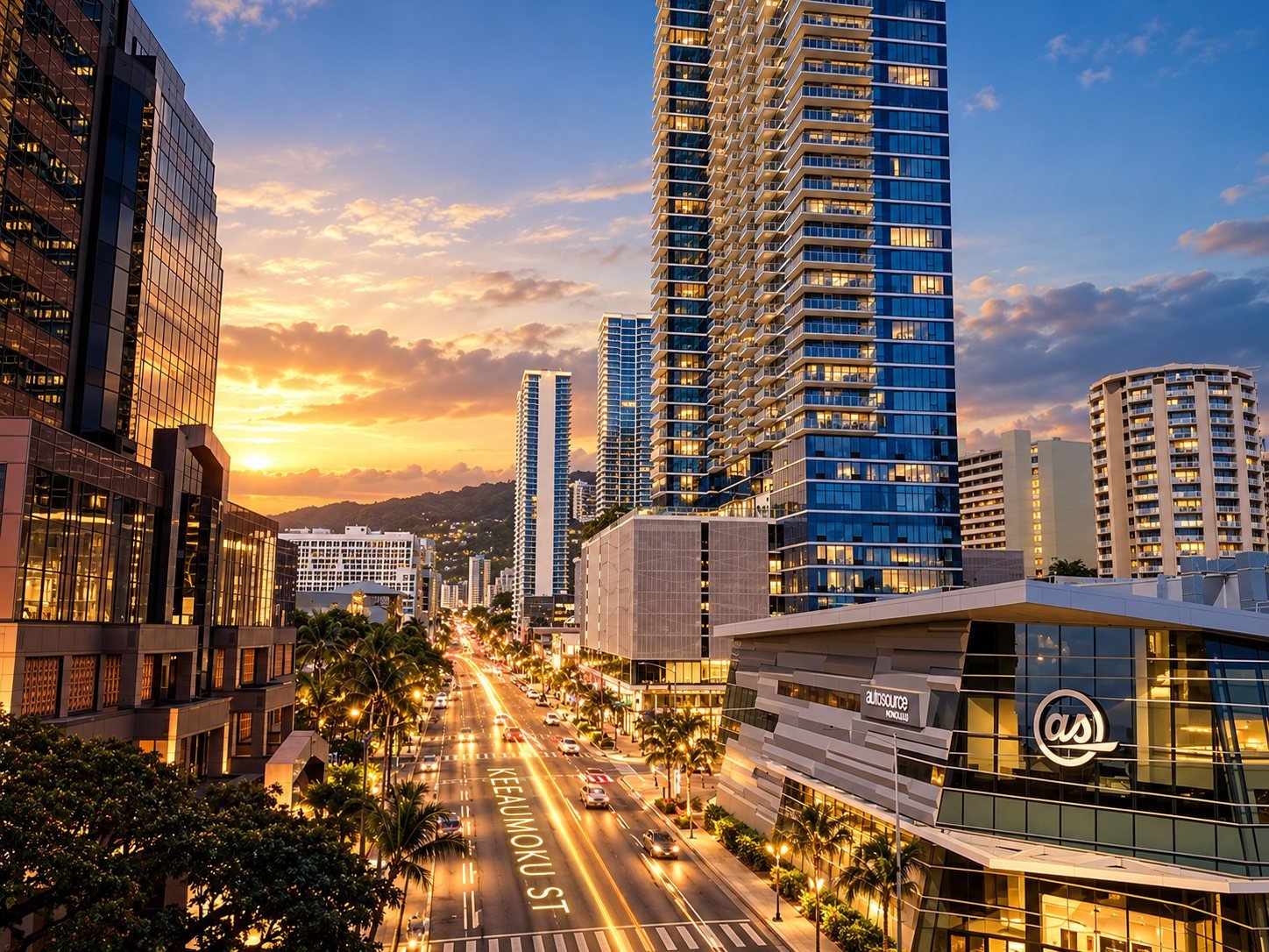 Ke’eaumoku Street at sunset, with residential towers and Diamond Head in the distance